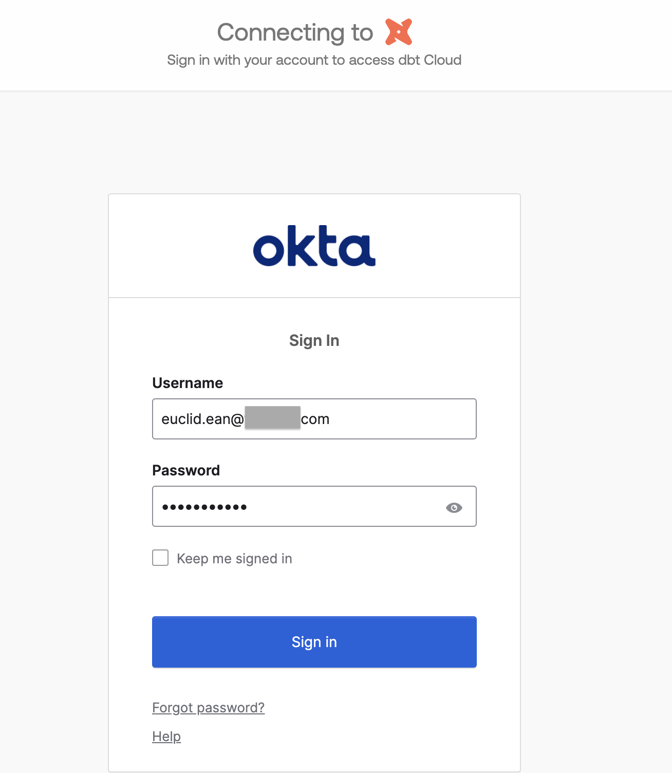 The SSO login screen when using Okta as the identity provider.